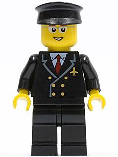 LEGO Minifigure-Airport - Pilot with Red Tie and 6 Buttons, Black Legs, Black Hat, Glasses and Open Smile-Town / City / Airport-AIR044-Creative Brick Builders
